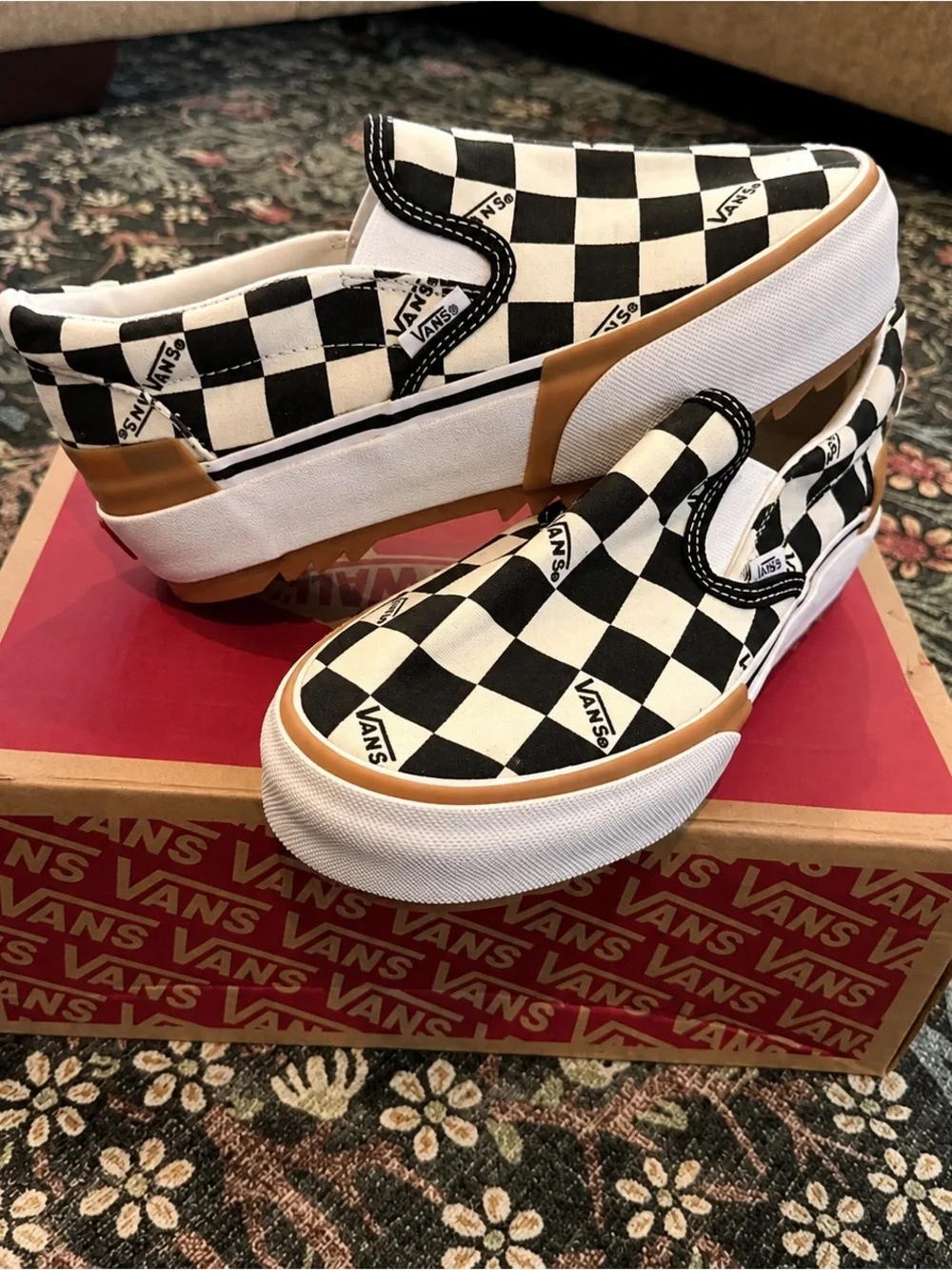 Vans Kids Checkerboard Slip-On Sneakers in Black, White and Tan
